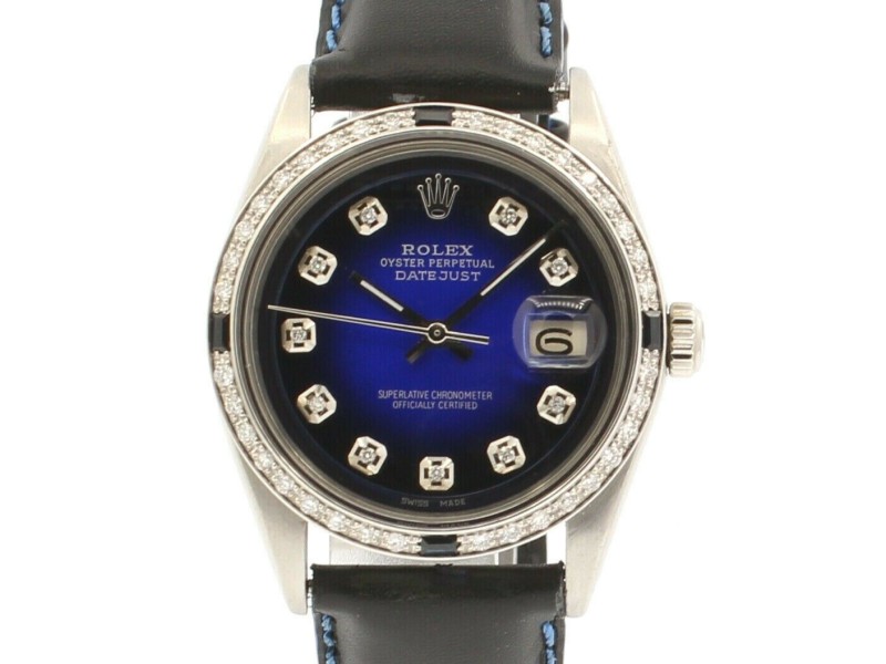 Mens Vintage ROLEX Oyster Perpetual Datejust 36mm Blue Vignette Diamond Watch