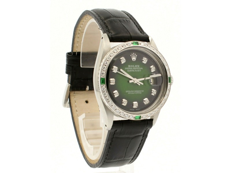 Mens Vintage ROLEX Oyster Perpetual Datejust 36mm GREEN Vignette Diamond Watch