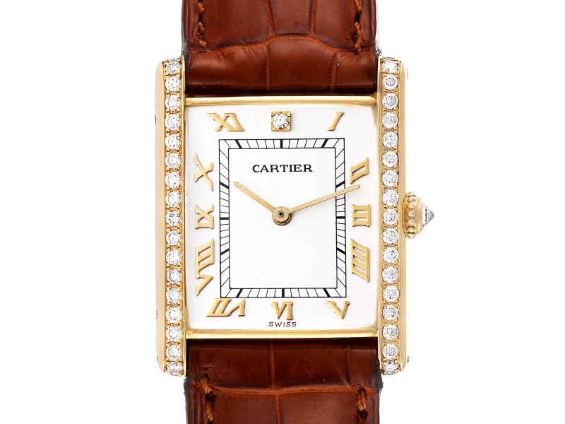Cartier Tank Mecanique 18k Yellow Gold Diamond White Dial Ladies Watch 