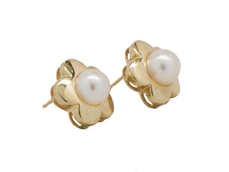14K Yellow Gold Floral Stud Culture Pearls Butterfly Back Earrings 