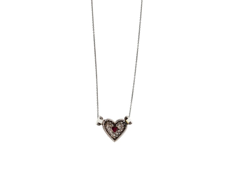 18K White Gold 1.28 CT Diamonds & 0.50 CT Ruby Heart Necklace Size 17"
