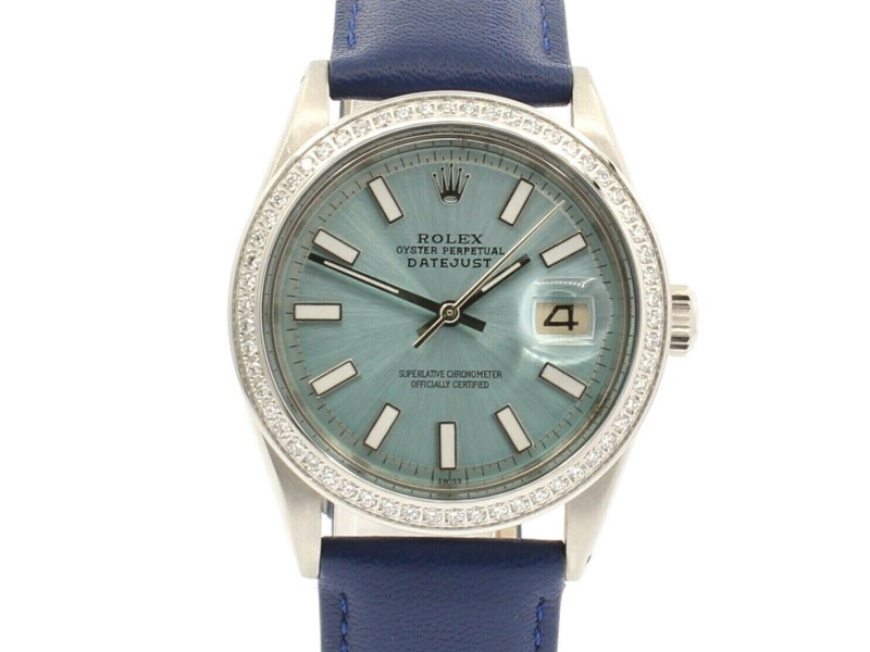 Mens Vintage ROLEX Oyster Perpetual Datejust 36mm ICE Blue DIAMOND Dial Watch