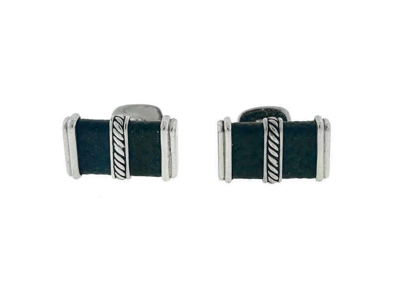 David Yurman DY Black Cable Sterling Silver Leather Cufflinks
