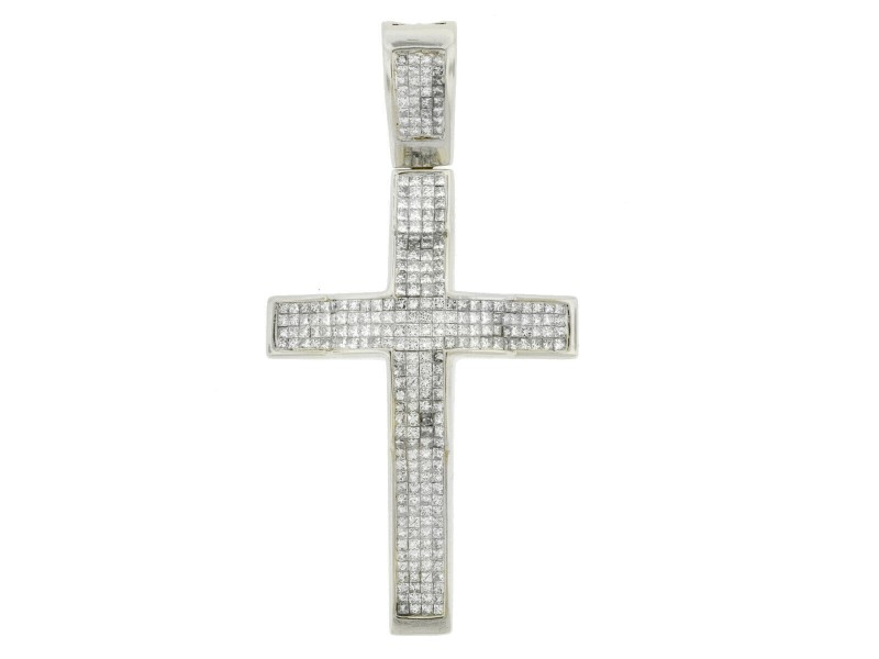 14k White Gold Diamond Princess Cut Cross 