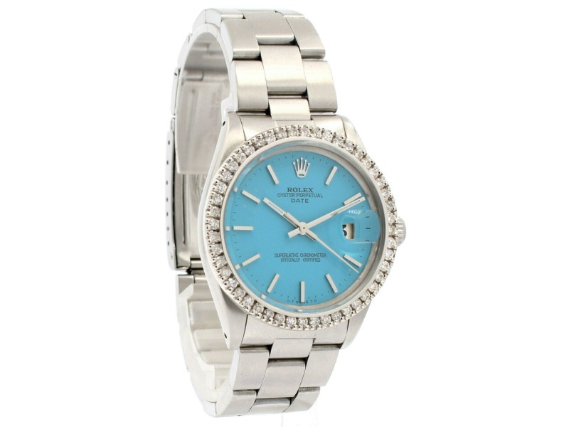 ROLEX Oyster Perpetual Date 34mm Blue  Dial Stainless Steel Diamond Men's Watch