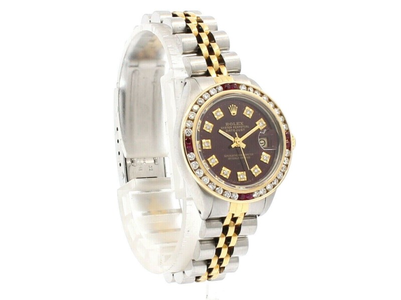 Ladies ROLEX Oyster Perpetual Datejust 26mm Steel and Gold BURGUNDY Diamonds