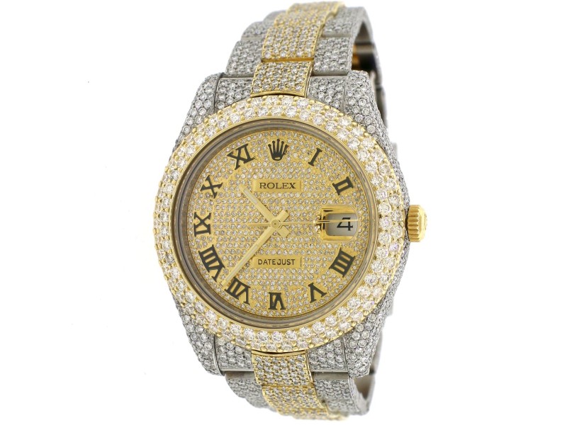Rolex Datejust II 41mm 2-Tone Pave Diamond Watch w/25.9ct Diamond Bezel/Lugs/Bracelet/Roman Dial