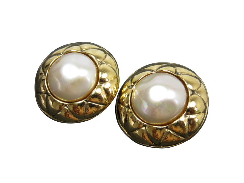 Chanel Gold Tone Simulated Glass Pearl Stone Earrings 
