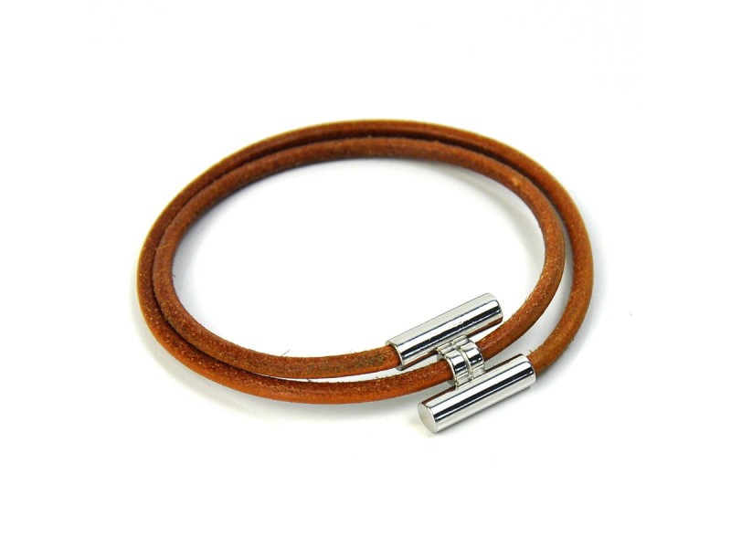 Hermes Silver Tone Metal Brown Leather Bracelet