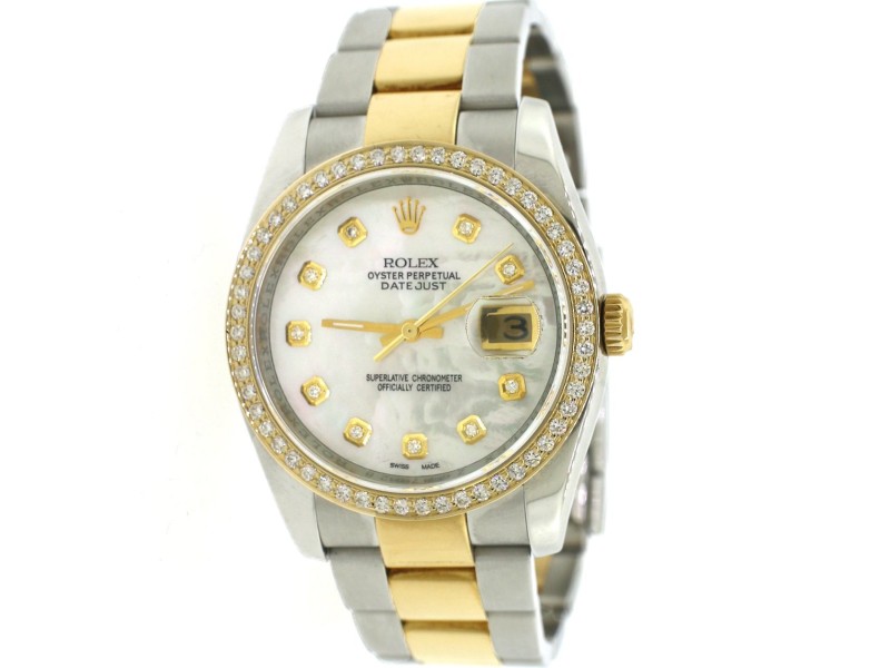 Rolex Datejust 36mm 2-Tone Oyster Watch/Custom White MOP Diamond Dial & 1.1Ct Bezel