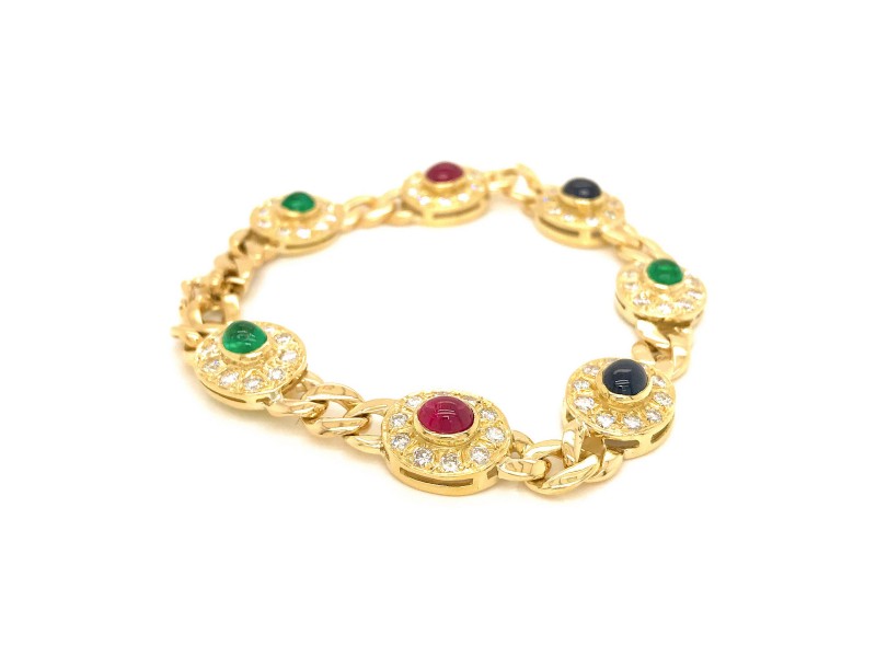 18k Yellow Gold Cabochon, Rubies, Emerald and Sapphire and Diamond Bracelet