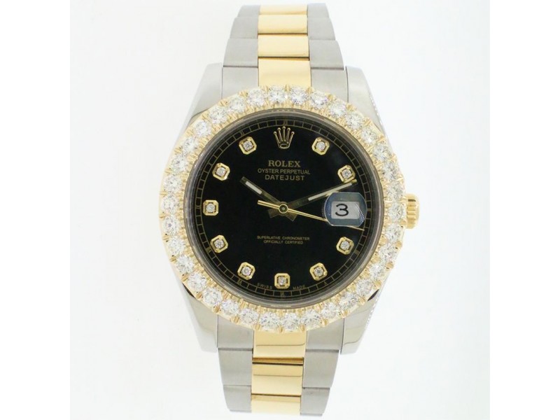 Rolex Datejust II 2-Tone 41MM Oyster Watch With 5.2CT Diamond Bezel/Black Diamond Dial