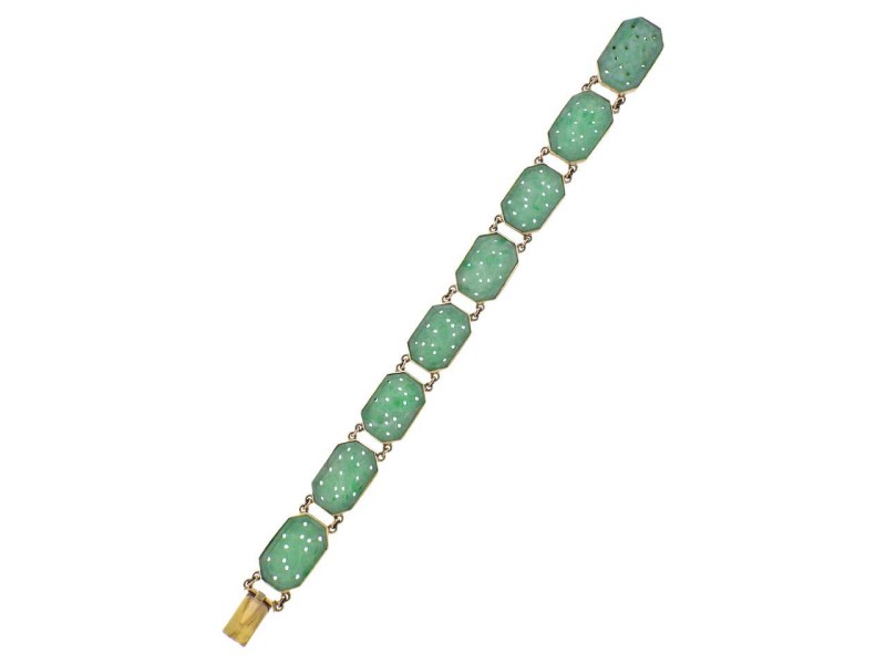 Art Deco Carved Jade Gold Bracelet