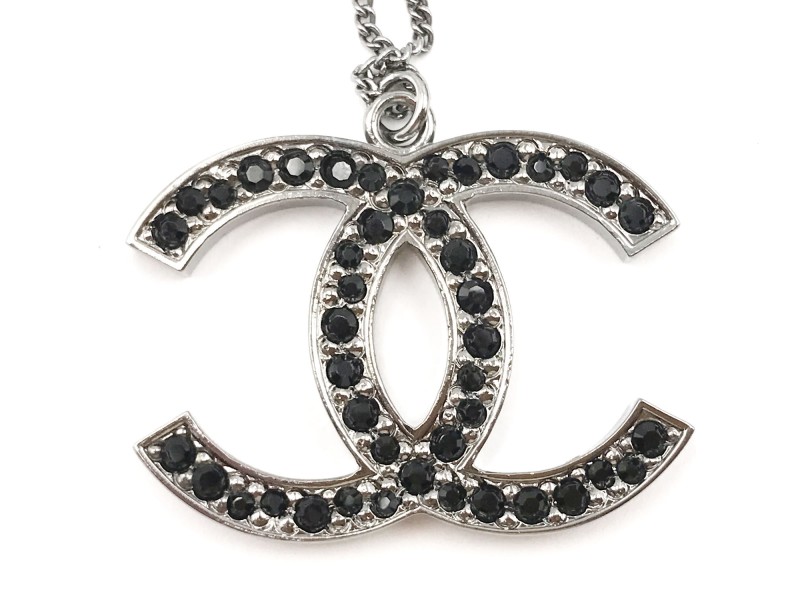Chanel Silver Tone Metal Black CC Crystal Large Pendant Necklace