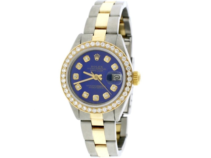 Rolex Datejust Ladies 2-Tone 18K Yellow Gold/Steel 26MM Oyster Watch w/Royal Blue Diamond Dial & Bezel