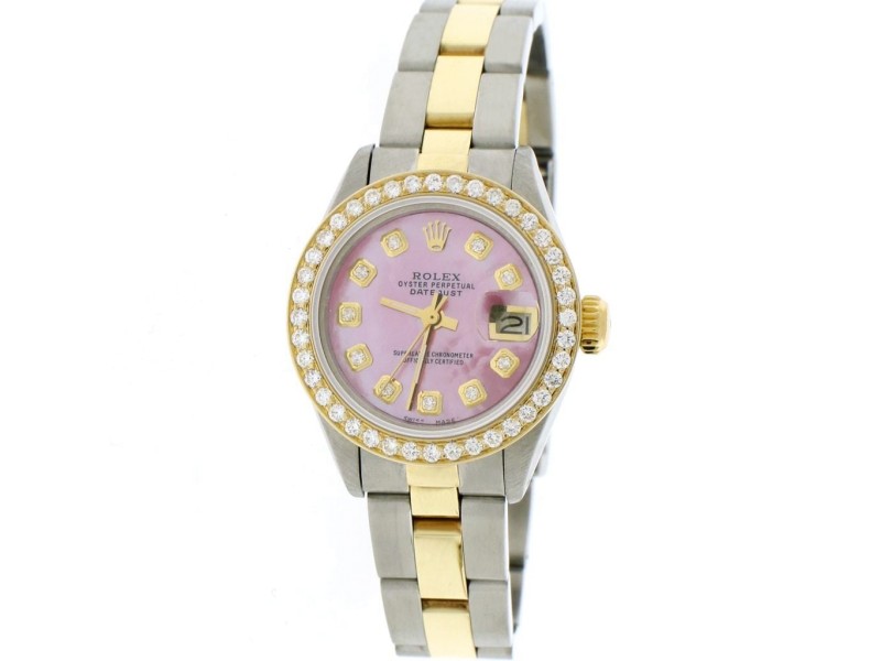 Rolex Datejust Ladies 2-Tone 18K Yellow Gold/Steel 26MM Oyster Watch w/Island Pink Diamond MOP Dial & Bezel