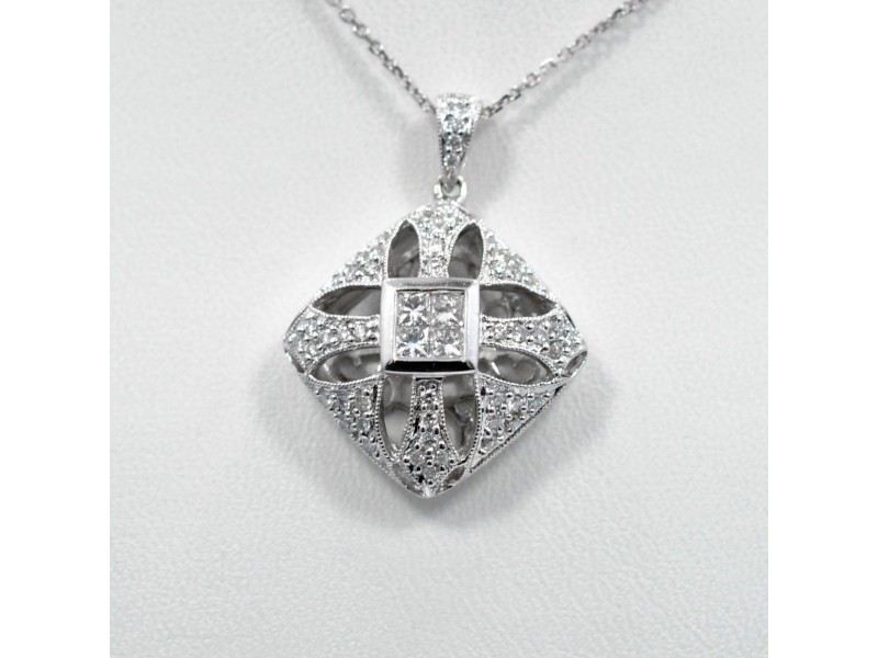 Diamond Puff Pendant 0.75Ct White Gold Invisible and Pave Settings