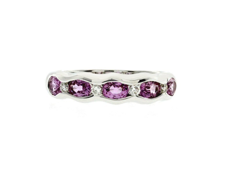 1.37 CT Pink Sapphire & 0.14 CT Diamonds 18K Gold Wedding Band Ring Size 6-7.5