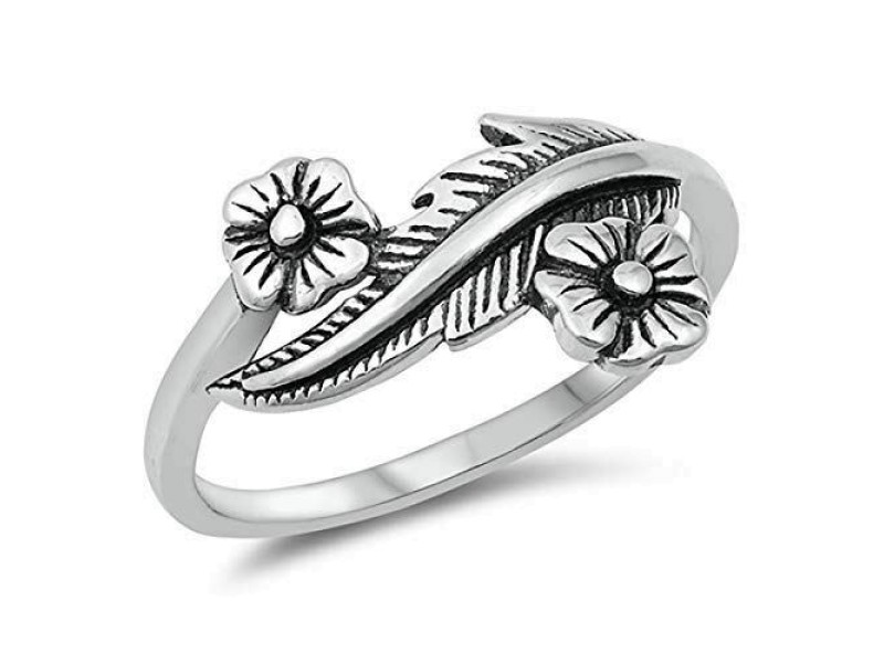 Ladies 925 Sterling Silver Oxidized Flowers with Leaf Band Ring Size 4-10