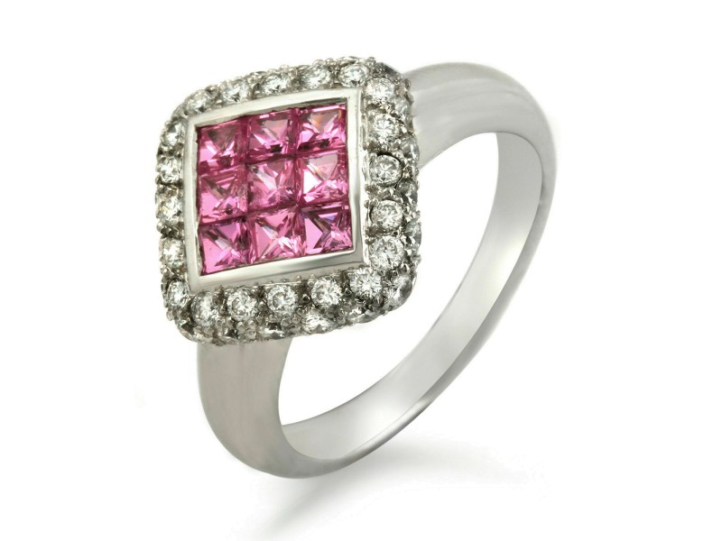 1.27 CT Invisible Set Pink Sapphire & 0.24 CT Diamonds in 18K White Gold Ring