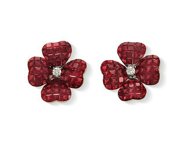 18K White Gold 0.20 CT Diamonds & Invisible 14.13 CT Ruby Flower Earring »E3233