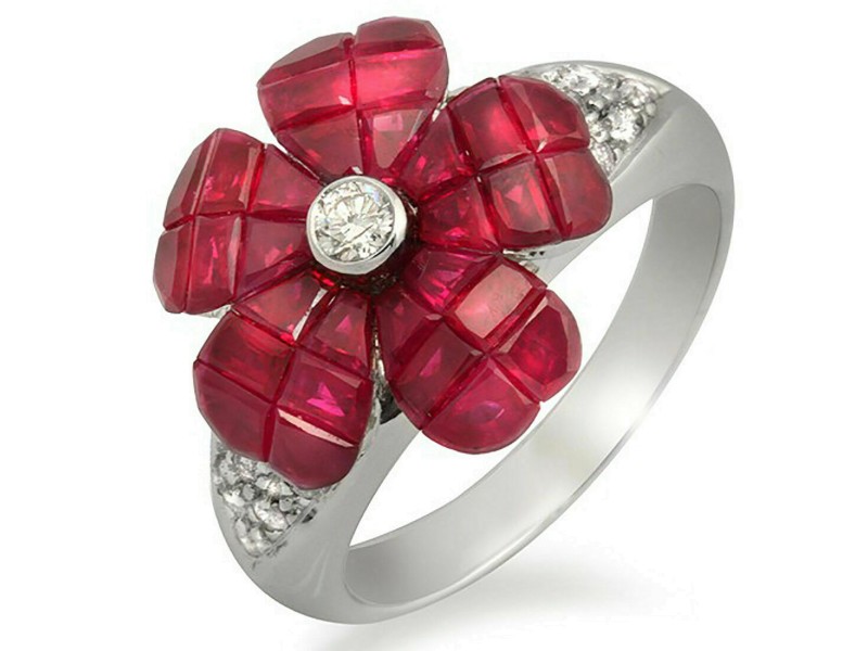 18K White Gold 0.29 CT Diamonds & Invisible 6.85 CT Ruby Flower Ring »R2081