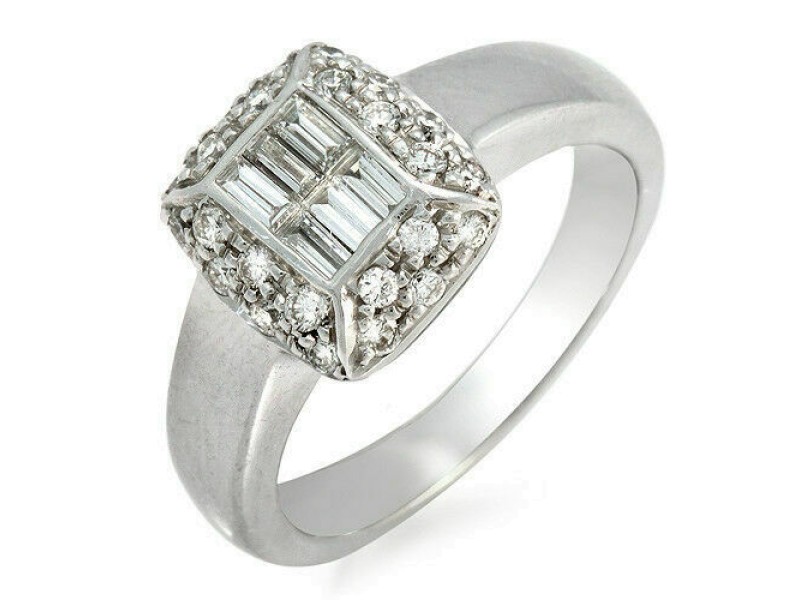 1.00 CT Baguette & Round Diamonds 18K White Gold Engagement Ring »BL119