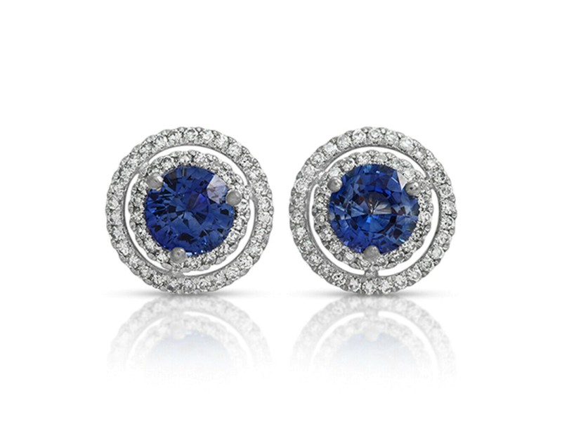 2.26 CT Natural Blue Sapphire & 0.47 CT Diamonds14K White Gold Stud Earrings