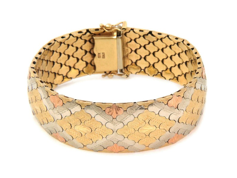 Retro 14k Tri-Color Gold 19mm Wide Mosaic Floral Bracelet