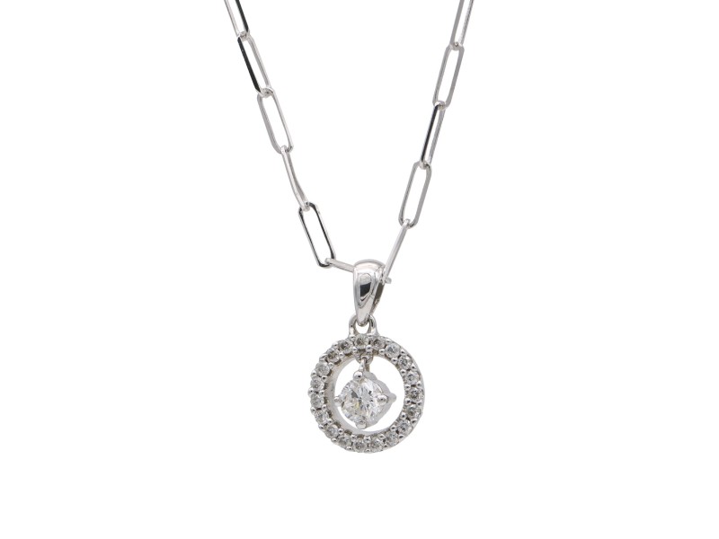 Diamond Round Dangling Pendant on Paperclip Chain in 14k White Gold 0.75 cttw