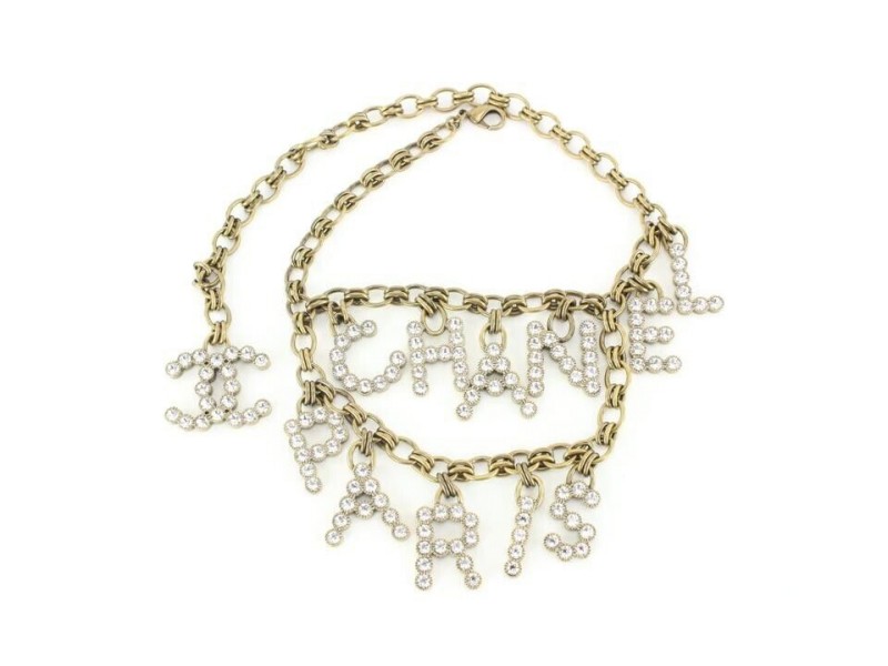Chanel 2021 Strass Gold Crystal Spelled Out Necklace 