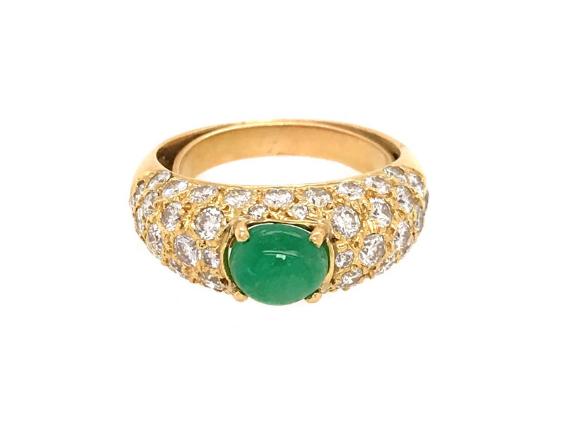 18k Yellow Gold Pave Diamond and Emerald Cabochon Ring