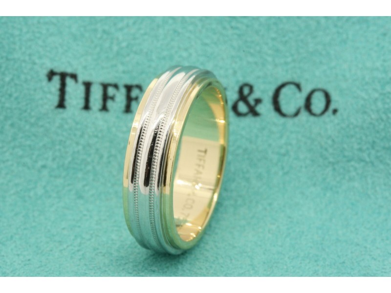 Mens Tiffany & Co. Platinum 18k Gold 2 Row Milgrain Wedding Band Ring 8.5