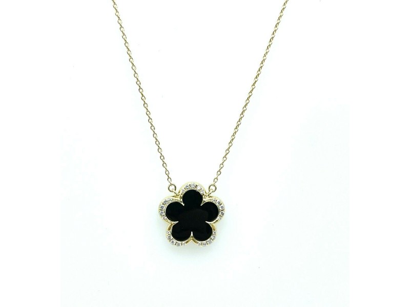 Clover Diamond and Black Onyx Pendant Necklace Set In 14K Yellow Gold 
