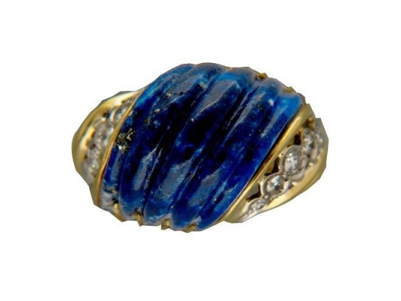 Vintage Large Untreated Carved Blue Lapis Large 18k 2 Tone Gold 10 Diamond Ring