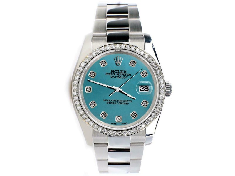 Rolex Datejust 36MM Steel/Custom Diamond Bezel/Turquoise Diamond Dial 116200