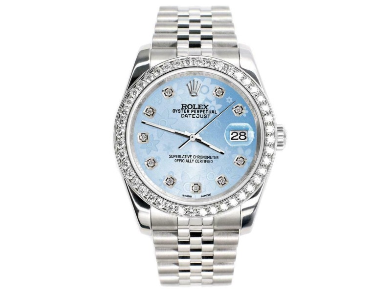 Rolex Datejust 116200 36mm 1.85ct Diamond Bezel/Blue Flower Dial Steel Watch