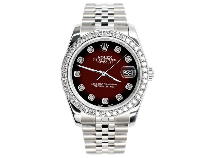 Rolex Datejust 116200 36mm 1.85ct Diamond Bezel/Maroon Red Dial Steel Watch