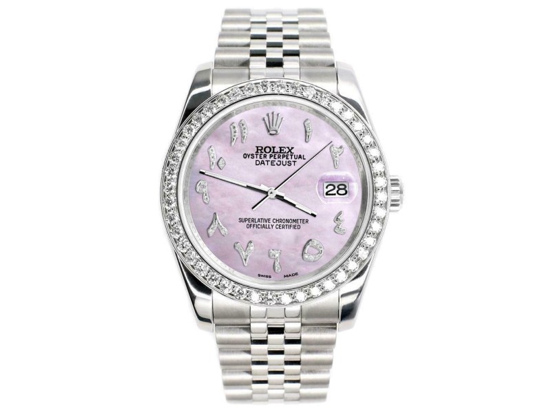 Rolex Datejust 116200 36mm 2ct Diamond Bezel/Pink Pearl Arabic Dial Steel Watch