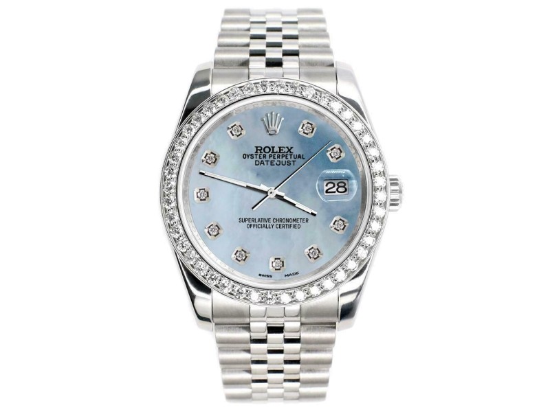 Rolex Datejust 116200 36mm 1.85ct Diamond Bezel/Sky Blue MOP Dial Steel Watch