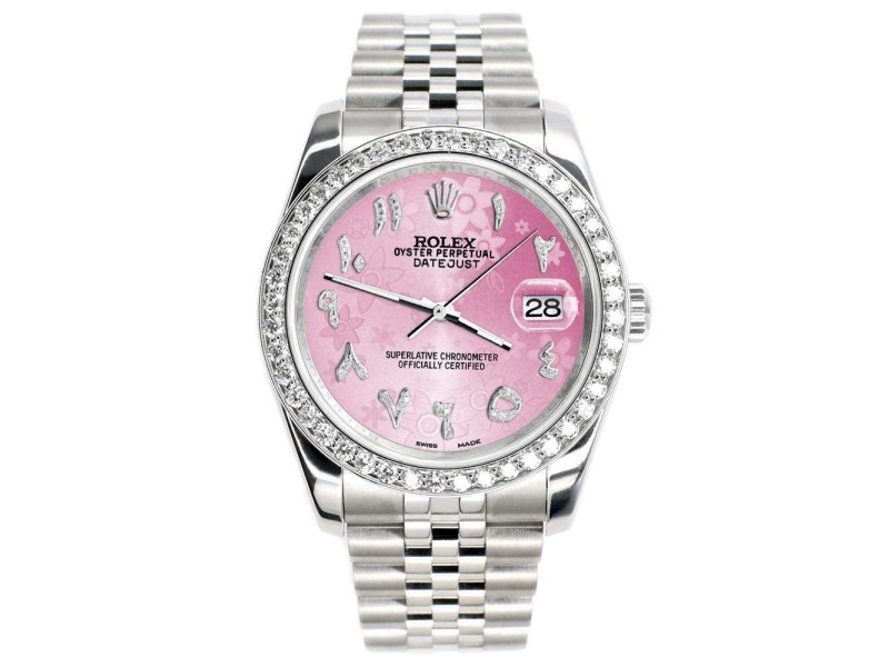 Rolex Datejust 116200 36mm 2ct Diamond Bezel/Pink Flower Arabic Dial Steel Watch