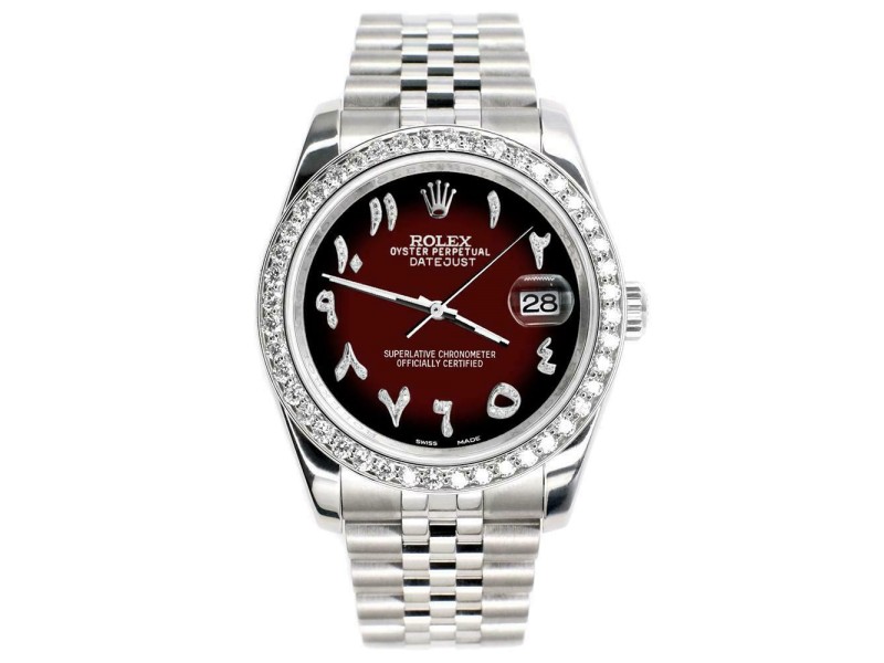 Rolex Datejust 116200 36mm 2ct Diamond Bezel/Maroon Vignette Arabic Steel Watch
