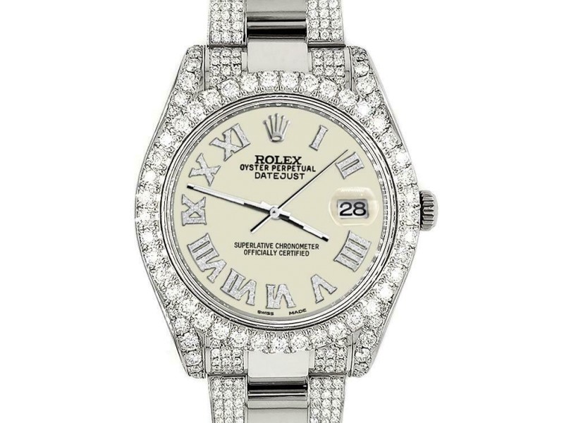 Rolex Datejust II 41mm Diamond Bezel/Lugs/Bracelet/Linen White Roman Dial Watch 