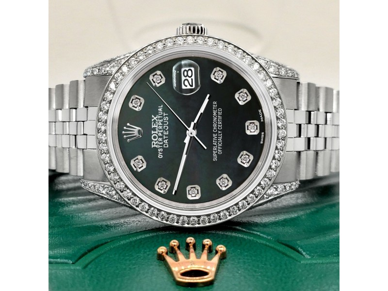 Rolex Datejust 36mm Steel Watch 2.85ct Diamond Bezel/Pave Case/Black MOP Dial