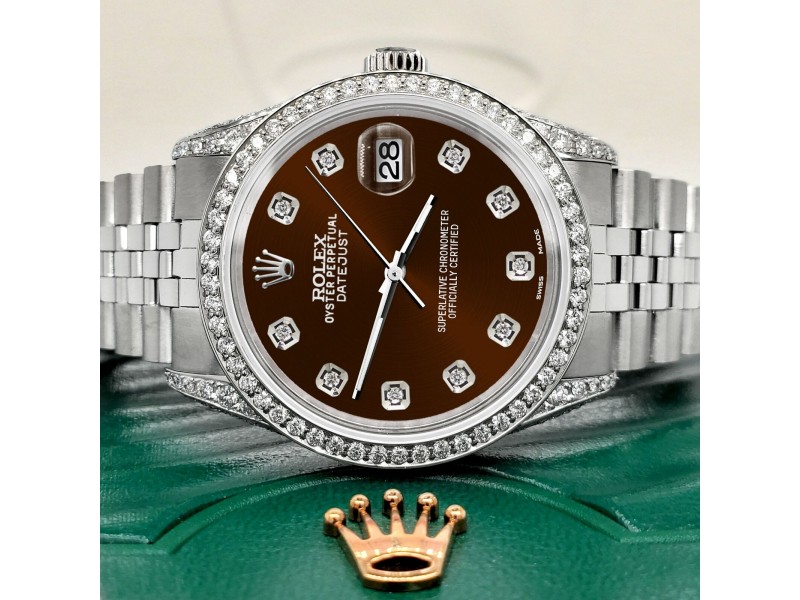 Rolex Datejust 36mm Steel Watch 2.85ct Diamond Bezel/Pave Case/Chocolate Dial