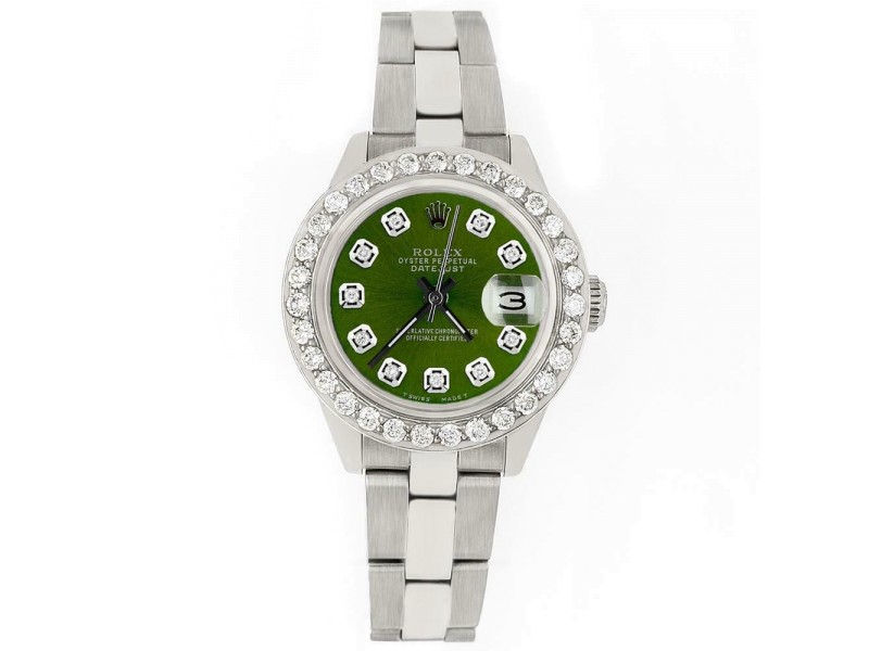 Rolex Datejust 26mm Steel Watch 1.3ct Diamond Bezel/Chartreuse Green Dial