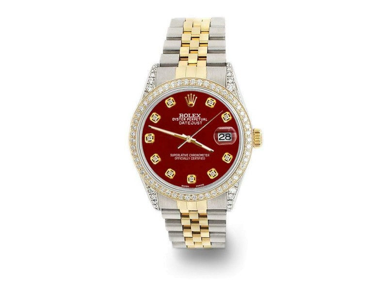 Rolex Datejust 2-Tone 36mm 1.4ct Diamond Bezel/Lugs/Imperial Red Dial Watch