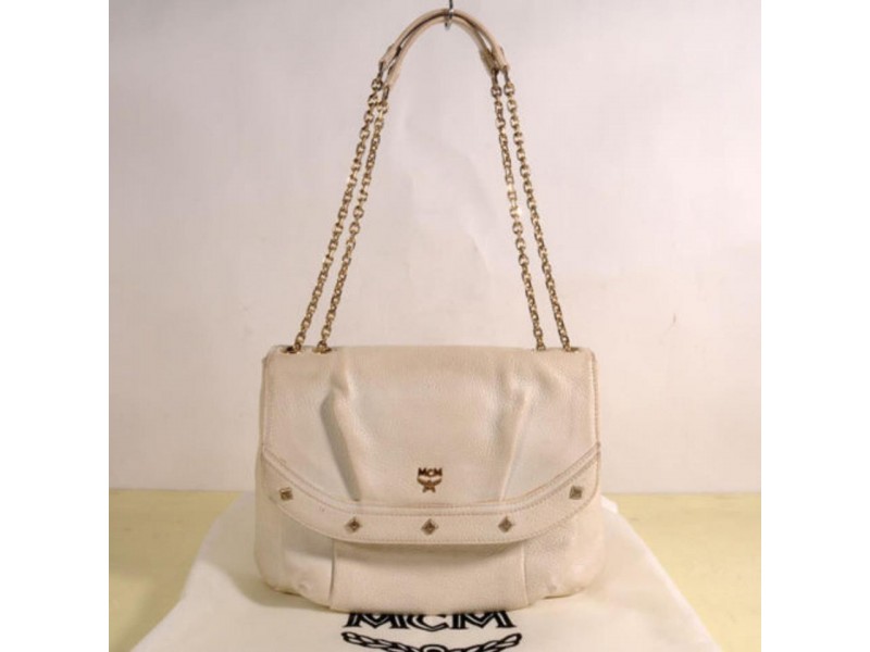 MCM Studded Chain Flap 869245 White Leather Shoulder Bag
