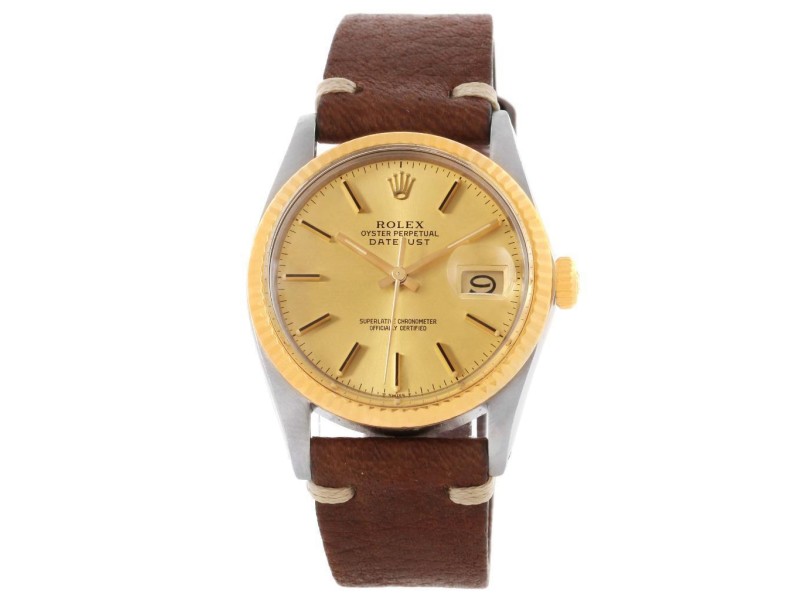 Vintage Rolex Datejust 16013 Vintage Steel Yellow Gold Brown Strap Mens Watch 