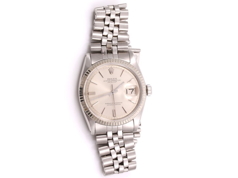 Rolex Datejust 1601 Stainless Steel & 18K White Gold Silver Stick Pie Pan Dial Vintage 36mm Mens Watch